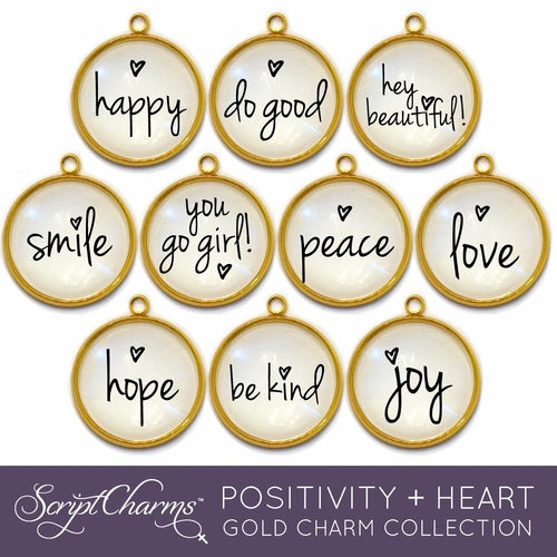 "Positivity + Heart" Set of 10 COLORFUL Encouraging Charms for Jewelry