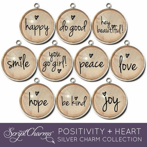 "Positivity + Heart" Set of 10 COLORFUL Encouraging Charms for Jewelry