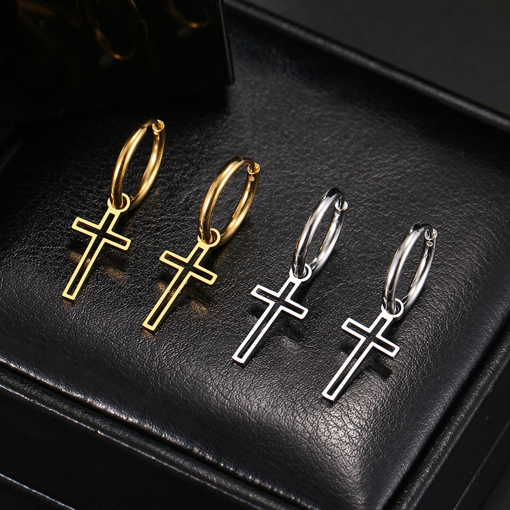 Stainless Steel Cross charm Hoops Earrings