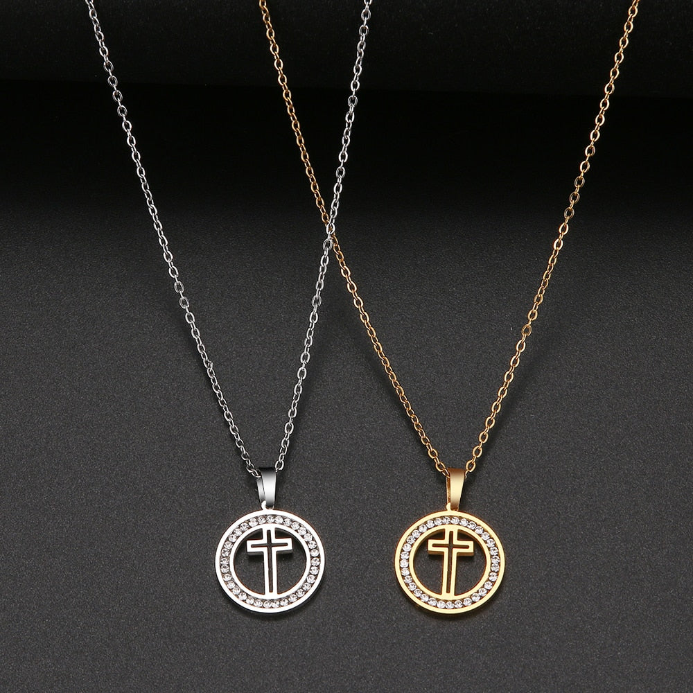 Hollow Cross Necklace Crystal Rhinestone