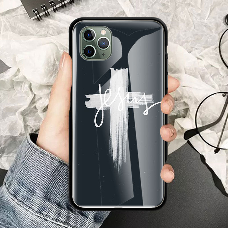 White cross with word Jesus phone case