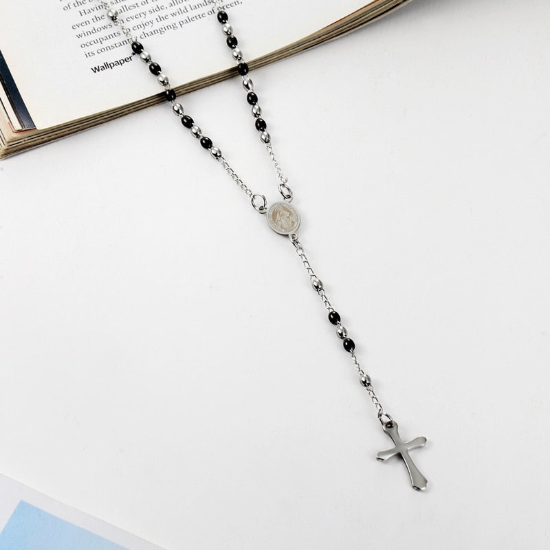 Oval Bead Rosary Cross Pendant Necklace Stainless Steel