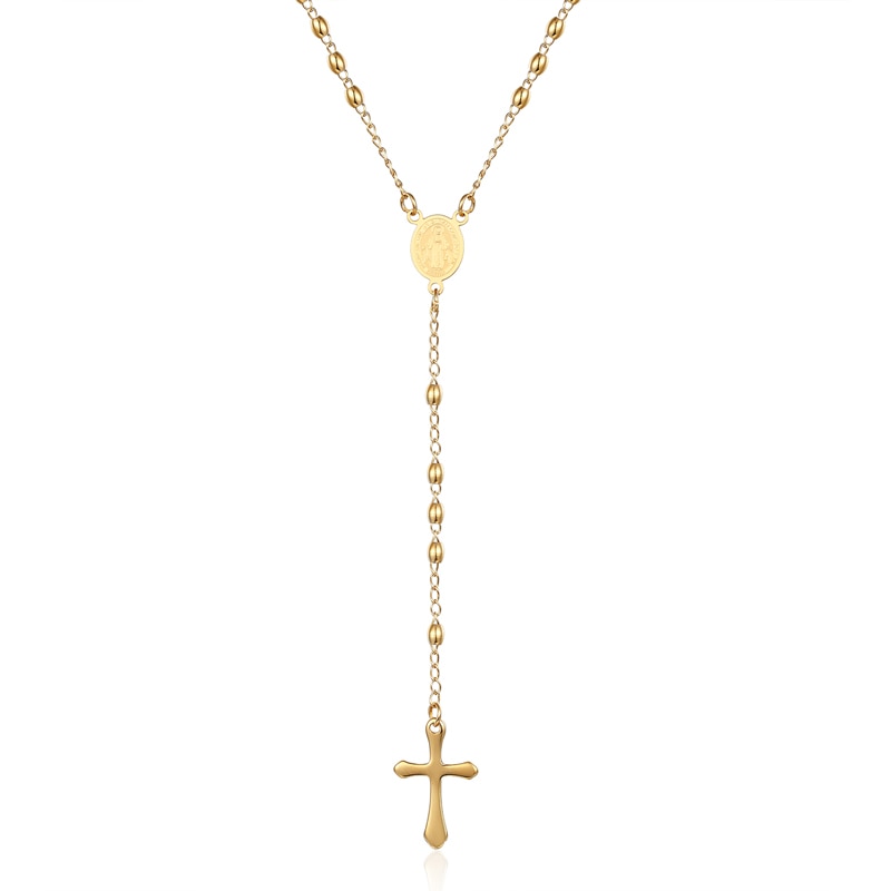 Oval Bead Rosary Cross Pendant Necklace Stainless Steel