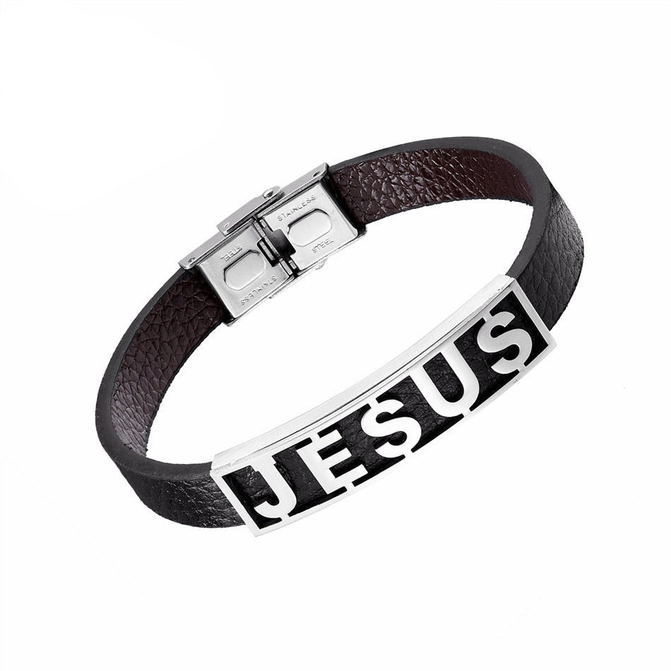 Religious Christian Jesus Bracelets Stainless Steel Leather Cuff Bangles