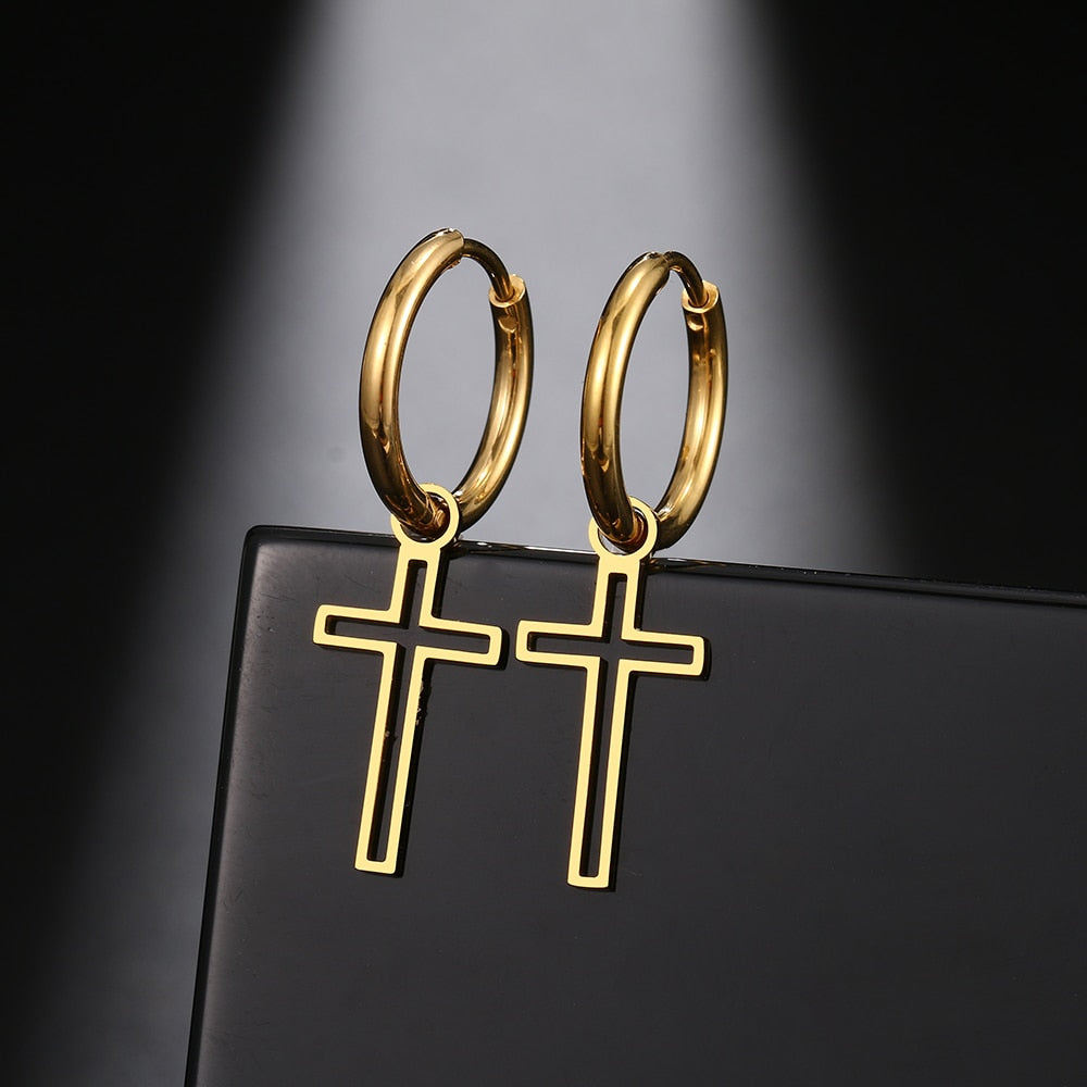 Stainless Steel Cross charm Hoops Earrings