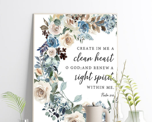 Psalm Clean Heart Bible Verse Wall Art Poster Floral Print