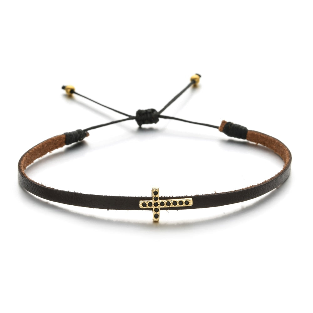 Handmade Crystal Cross Charm Bracelet Leatherfor