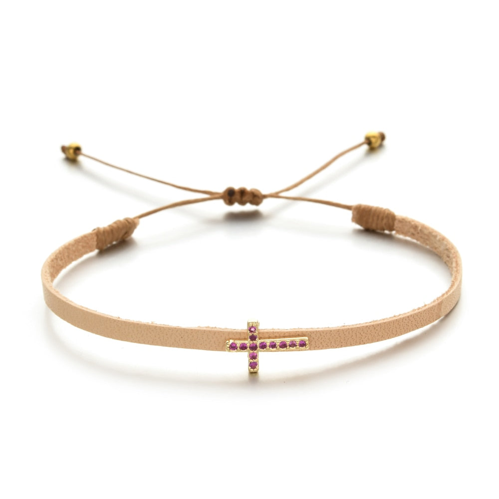 Handmade Crystal Cross Charm Bracelet Leatherfor