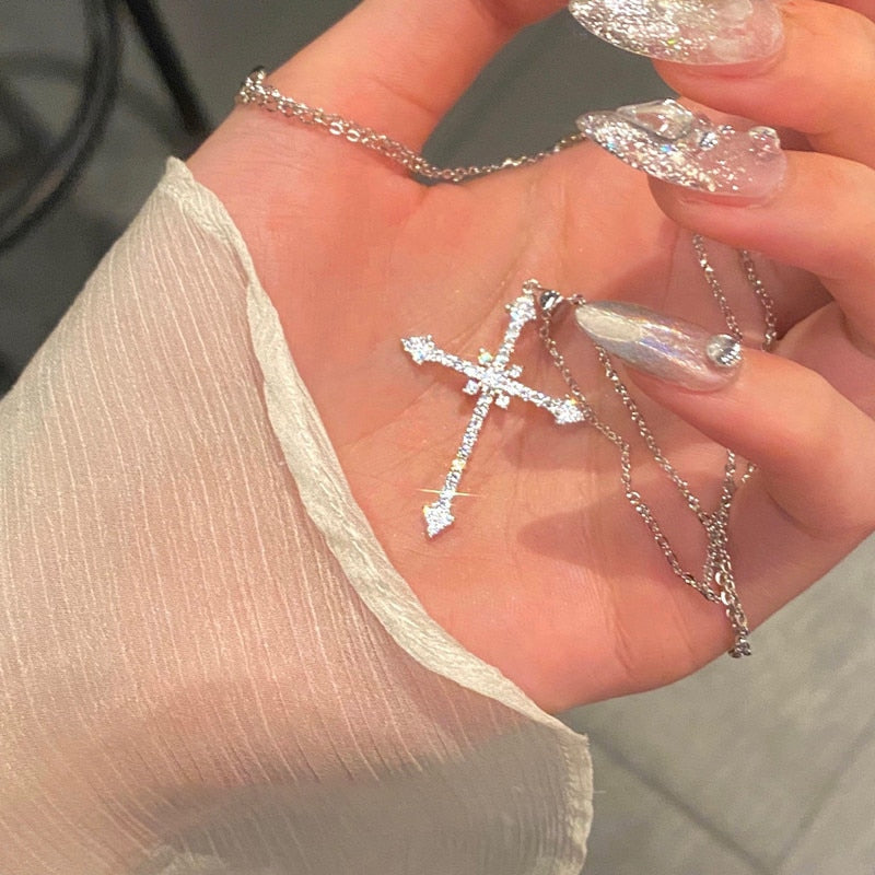 Cubic Zirconia Silver Plated Cross Pendant Necklace