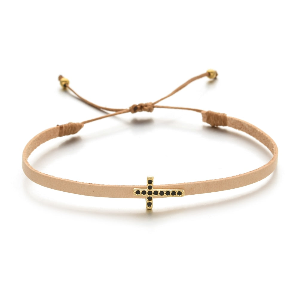 Handmade Crystal Cross Charm Bracelet Leatherfor