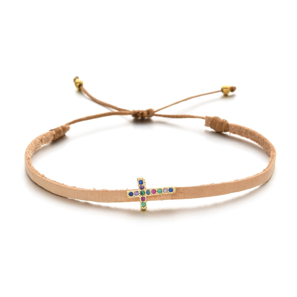 Handmade Crystal Cross Charm Bracelet Leatherfor
