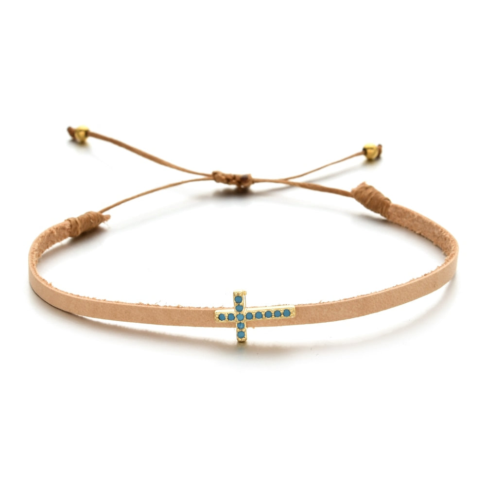 Handmade Crystal Cross Charm Bracelet Leatherfor