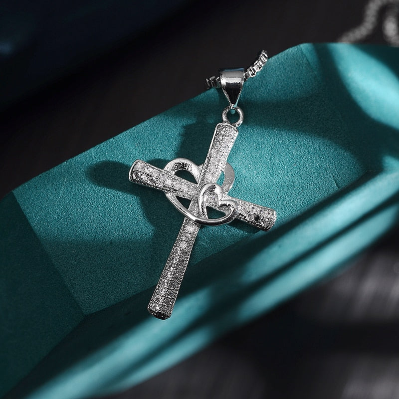 Cubic Zirconia Silver Plated Cross Pendant Necklace