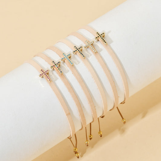 Handmade Crystal Cross Charm Bracelet Leatherfor