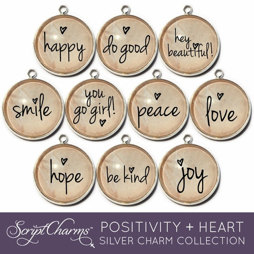 Positivity + Heart Set of 10 Encouraging Charms for Jewelry Making, 20mm, Gold or Silver Gold / 1 Set (10 Charms)