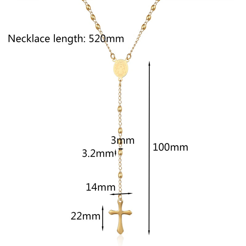 Oval Bead Rosary Cross Pendant Necklace Stainless Steel