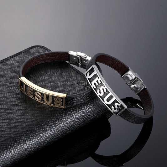 Religious Christian Jesus Bracelets Stainless Steel Leather Cuff Bangles