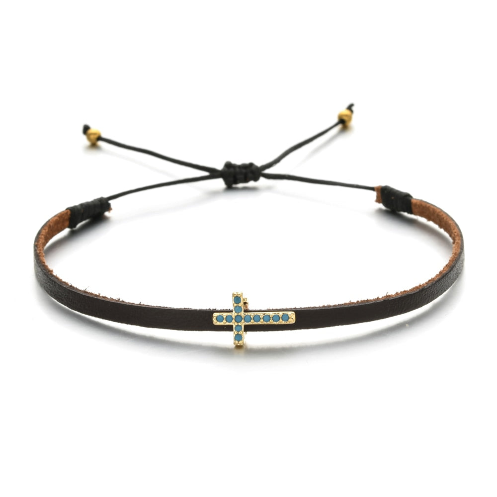 Handmade Crystal Cross Charm Bracelet Leatherfor