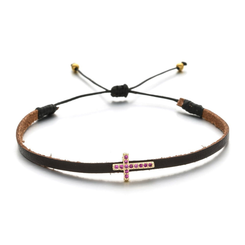 Handmade Crystal Cross Charm Bracelet Leatherfor