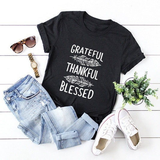 Grateful Thankful Blessed Feather Print Women