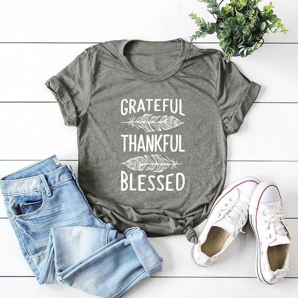 Grateful Thankful Blessed Feather Print Women