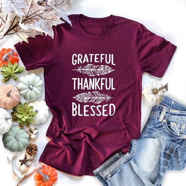 Grateful Thankful Blessed Feather Print Women