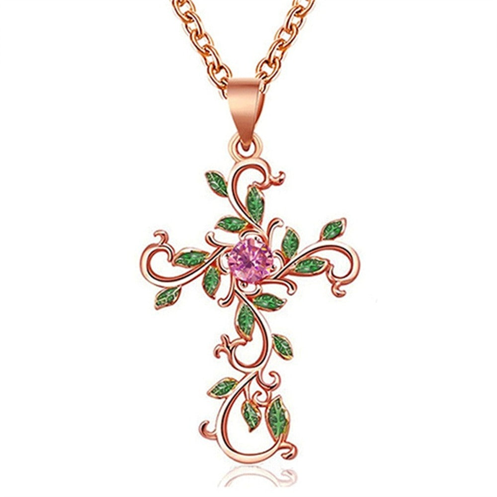 Classic Cubic Zirconia Flower Cross Necklace